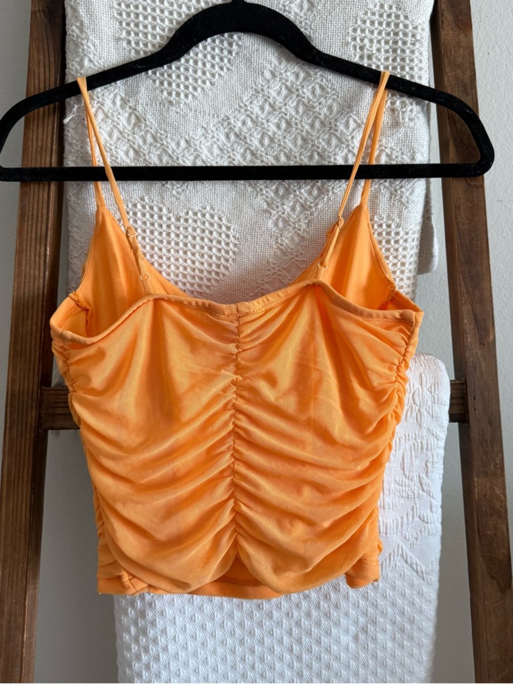 Just Polly from Macy’s Bright Orange Ruched Mesh Spaghetti-Strap Cropped Top - Picture 4 of 4